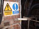 bri hospital service tunnel asbestos sign, bristol, united kingdom (uk).